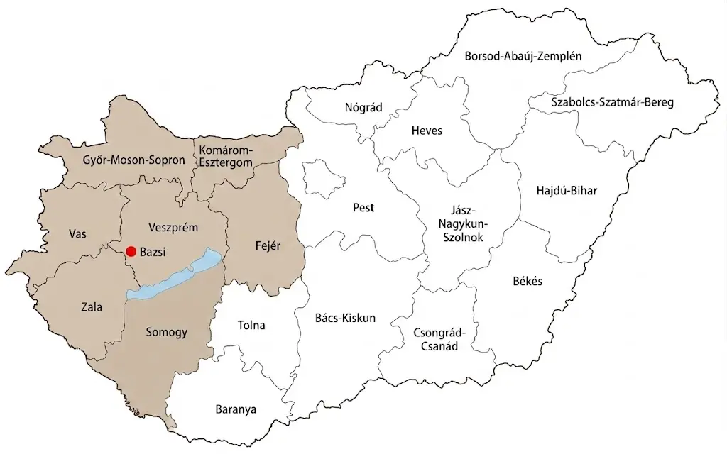 Magyarország térképe a Profiholz szolgáltatási területével: Győr-Moson-Sopron, Vas, Veszprém, Zala, Komárom-Esztergom és Fejér megye